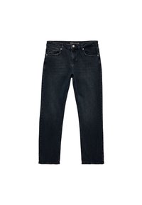 Jeans de mezclilla azul oscuro con corte recto, diseño de cinco bolsillos, cierre de botón metálico y detalles de costura sutiles.