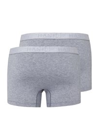 Grå bomullsboxershorts med en mjuk, elastisk midjeband märkt "HANRO." Har en slät yta och en klassisk design.