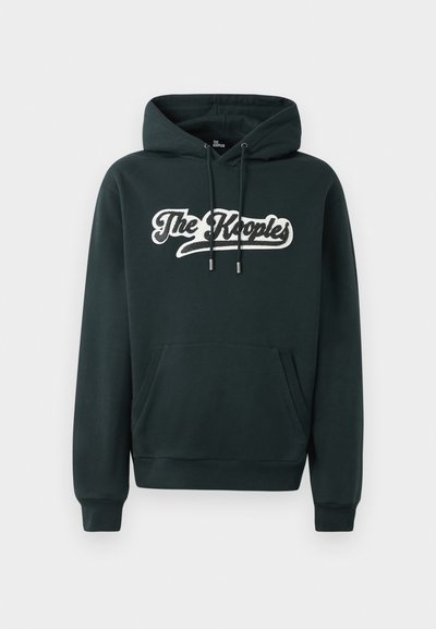 Dark green hoodie made from soft material, featuring a front kangaroo pocket, drawstring hood, and white text "The Kreeples" across the chest.