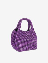 Purple handbag covered in small, sparkling rhinestones. Rounded shape, short handles, and a soft texture with a gathered design.