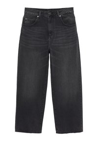 Black wide-leg denim jeans with high waist, front button and zipper closure, and five-pocket design.