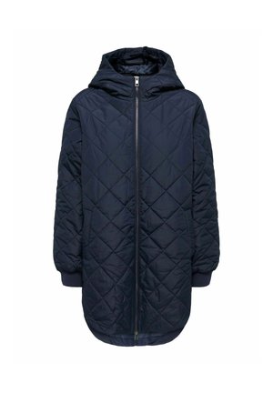 Navy-gefütterte Jacke mit Kapuze, zentrale Reißverschlussöffnung, gerippte Bündchen und verlängerter Rücken für zusätzlichen Schutz.