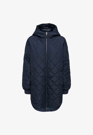 Navy-gefütterte Jacke mit Kapuze, zentrale Reißverschlussöffnung, gerippte Bündchen und verlängerter Rücken für zusätzlichen Schutz.