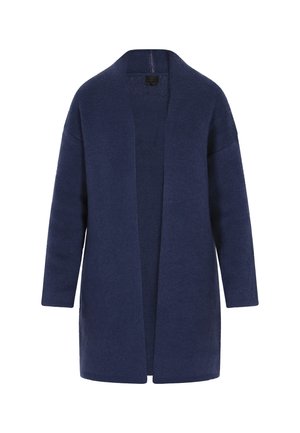 Marineblauwe lange cardigan van textuurgebreide stof. Open voorkantontwerp met lange mouwen en zonder sluitingen.