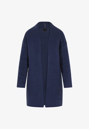 Granatowy długi kardigan wykonany z teksturowanej dzianiny. Otwarte z przodu z długimi rękawami i bez zapięć.