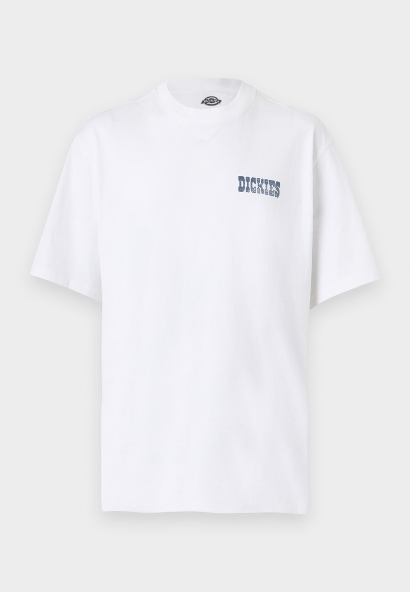 White short-sleeve crew neck T-shirt with small blue "Dickies" logo on the left chest.