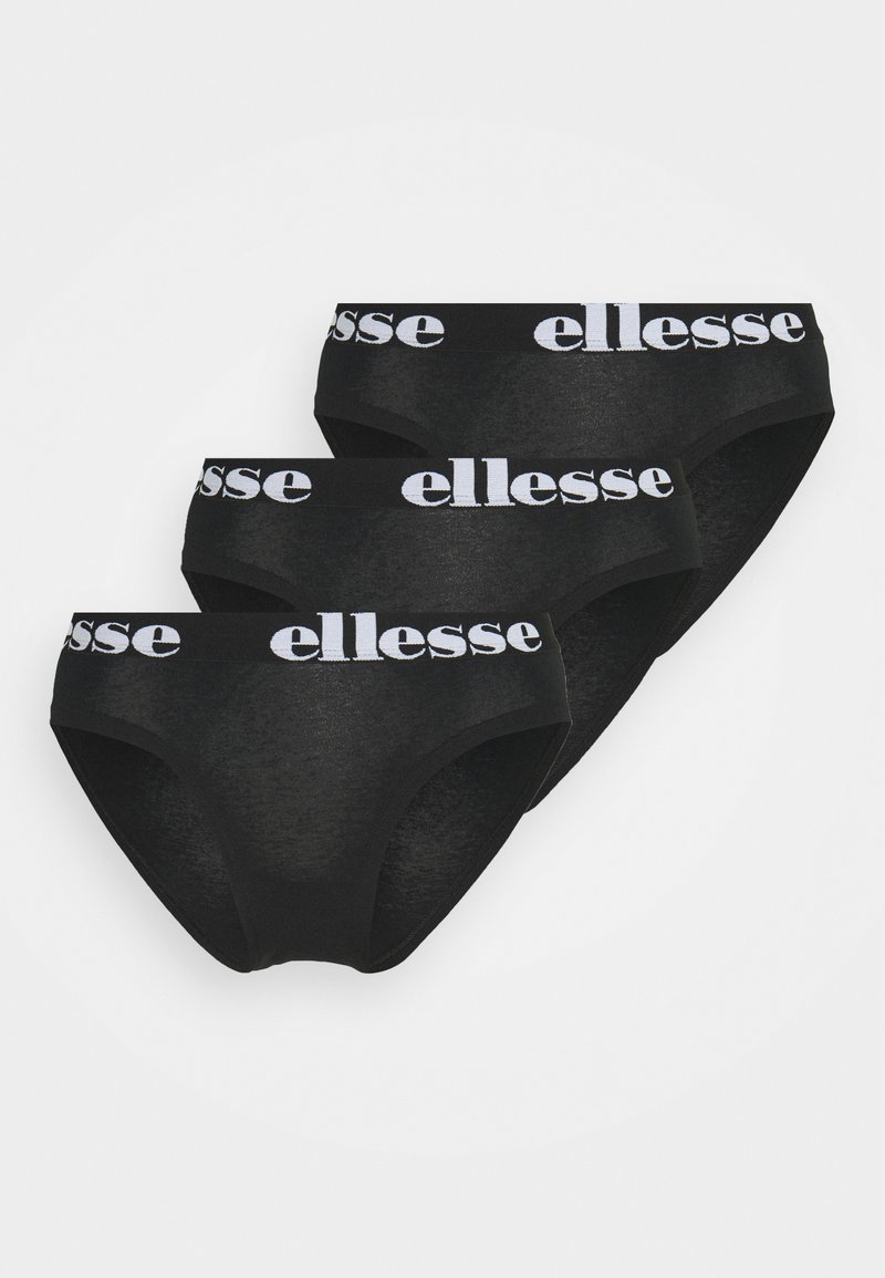 Trys poros juodų medvilninių apatiniai su elastine balta "ellesse" juostele. Lygi tekstūra, klasikinis apatinio trikotažo dizainas, be raštų.