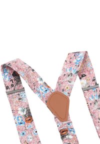 Blumenmuster-Hosenträger mit einem rosa Hintergrund. Verfügt über verstellbare Clips und eine braune Lederakzentierung an der Kreuzung.