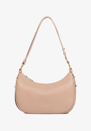 Pink leather shoulder bag with a textured surface, gold hardware accents, and a single adjustable strap. Features a curved, compact shape.