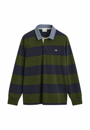 Polo de manga larga con amplias rayas horizontales en azul marino y verde oliva y un cuello azul claro.
