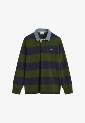 Langarm-Polohemd mit breiten horizontalen Streifen in Marineblau und Olivgrün sowie einem hellblauen Kragen.