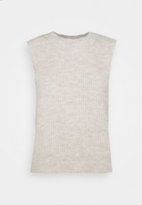 Světlý béžový top bez rukávů vyrobený z ribbed pleteniny. Má kulatý výstřih a přiléhavý střih bez bočních švů.