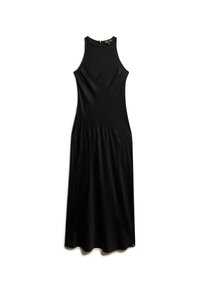 Robe noire sans manches en tissu lisse, avec un haut ajusté et un bas évasé. Fermeture éclair au dos.