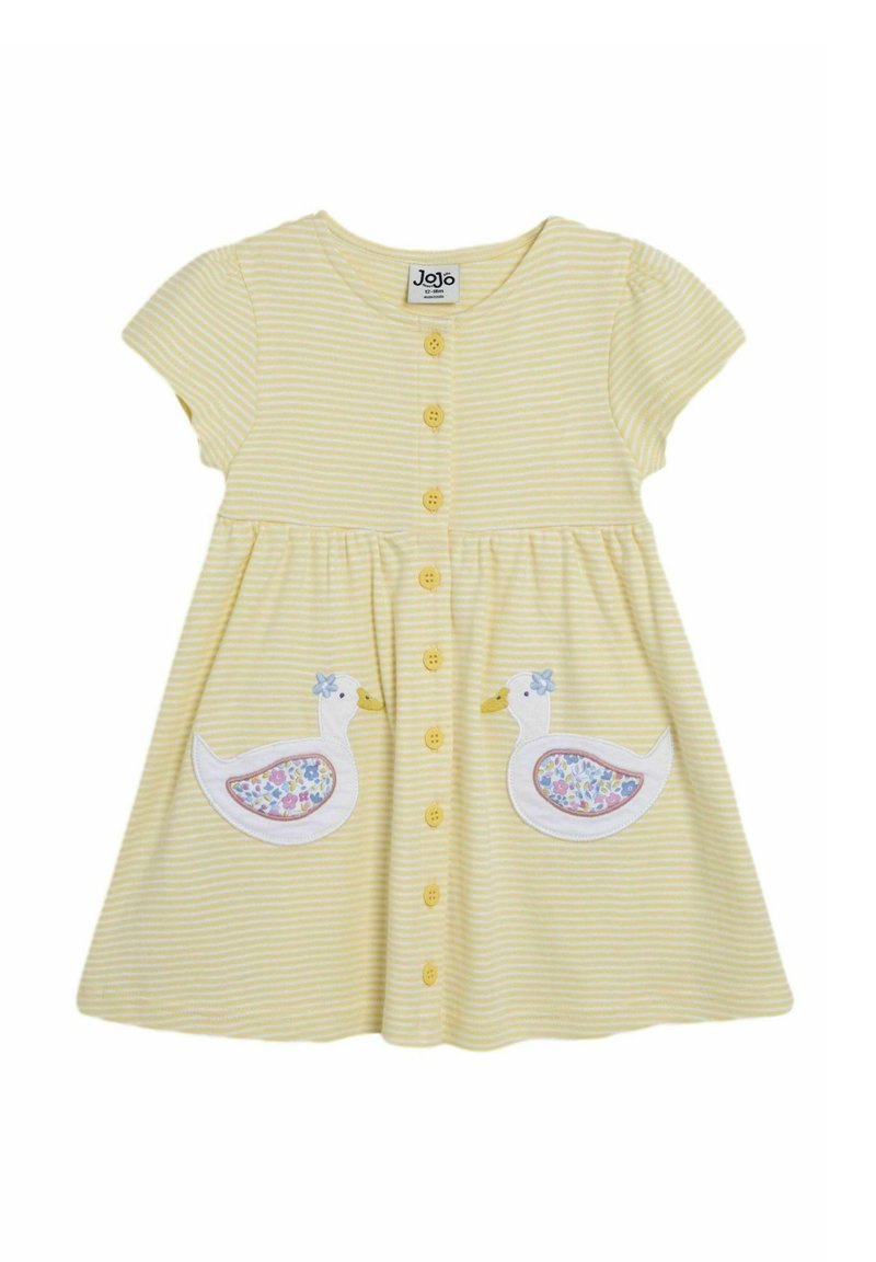 Robe à rayures jaunes avec des manches courtes, fermeture à boutons à l'avant et deux canards appliqués avec des détails floraux sur les poches latérales.
