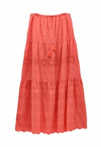 Fustă maxi coral cu volane, realizată din bumbac ușor, cu broderie decorativă din ochiuri și ciucuri la talie. Margine cu volane și detalii texturate cu puncte.