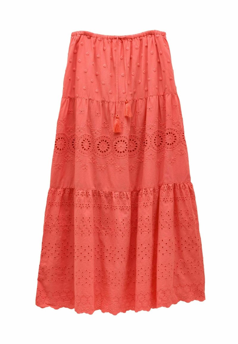 Fustă maxi coral cu volane, realizată din bumbac ușor, cu broderie decorativă din ochiuri și ciucuri la talie. Margine cu volane și detalii texturate cu puncte.