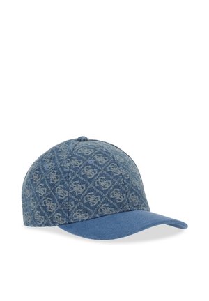 Blaues Jeans-Baseballcap mit dezentem, durchgehendem Monogramm-Muster und gebogenem Schirm, der nach rechts zeigt, vor weißem Hintergrund.