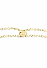 Goldkette mit kreisförmigen Gliedern und einem polierten ovalen Verschluss. Die Kette weist eine durchgehend gleichmäßige, glatte Oberfläche auf.