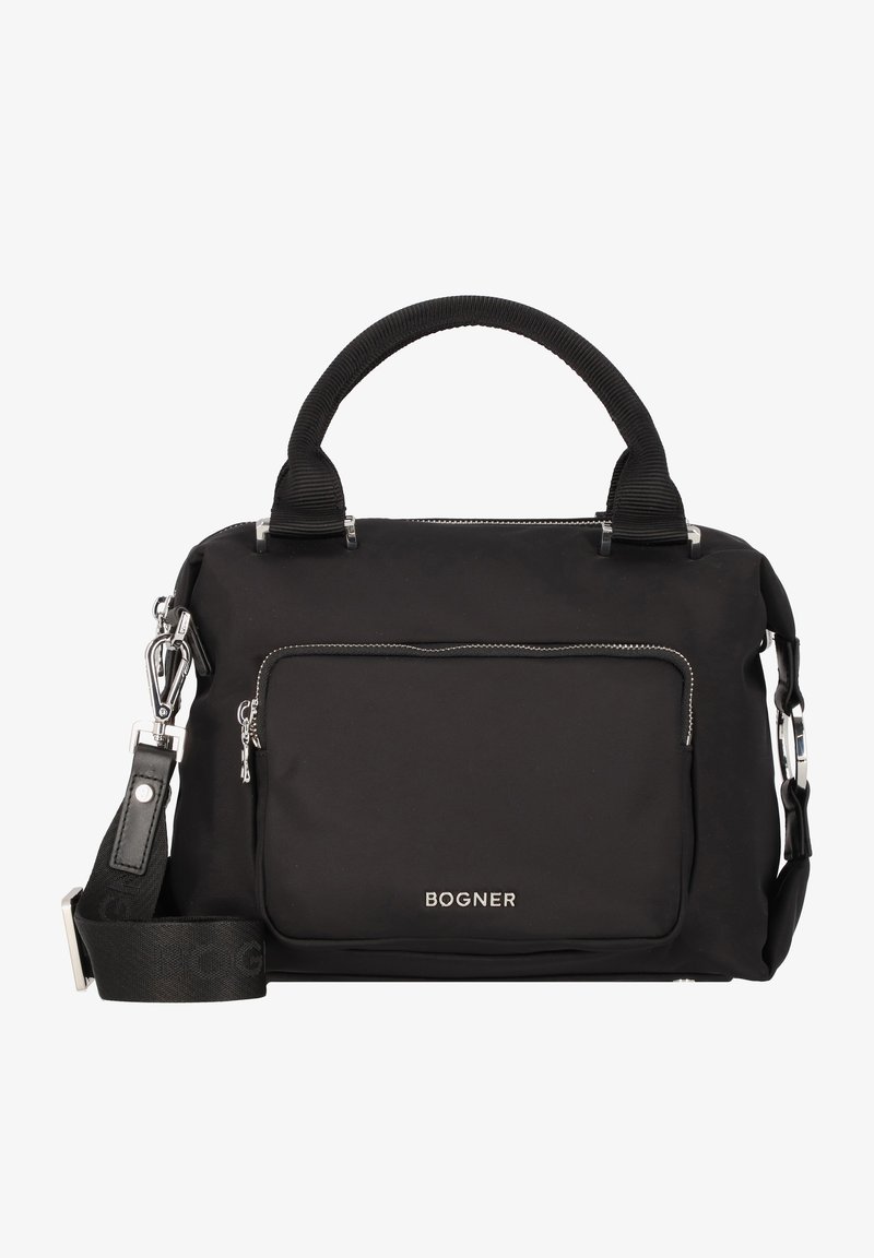 Sac à main en nylon noir avec double poignées, une poche zippée à l'avant, des accessoires en métal argenté, et une bandoulière ajustable, portant le logo "BOGNER."