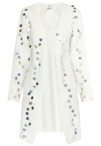 Cardigan bianco a maniche lunghe con una vestibilità comoda, caratterizzato da paillettes circolari colorate lungo la parte anteriore e dettagli in tessuto testurizzato.