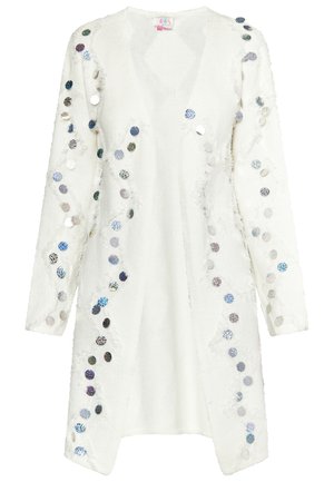 Cardigan long à manches longues blanc avec une coupe décontractée, ornée de sequins circulaires colorés sur le devant et d'accents en tissu texturé.