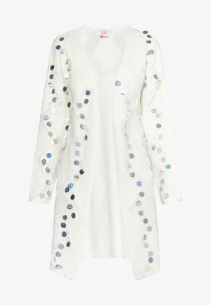 Bílý cardigan s dlouhým rukávem a volným střihem, zdobený barevnými kulatými flitry na přední straně a texturovanými akcenty.