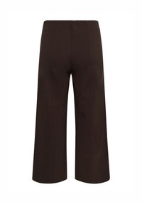 Pantalon large court de couleur marron foncé, vu de dos, avec une taille haute et sans poches ni fermetures visibles.