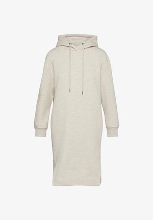 Svetlo bež obleka s kapuco, širokega kroja, dolgimi rokavi, detajli s vrvico in rebrastimi manšetami. Gladka, mehka tekstura.