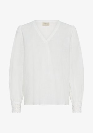 Witte blouse met lange mouwen, een V-hals, gestructureerde stof en kanten details aan de manchetten. Losse pasvorm met geplooide schouders.