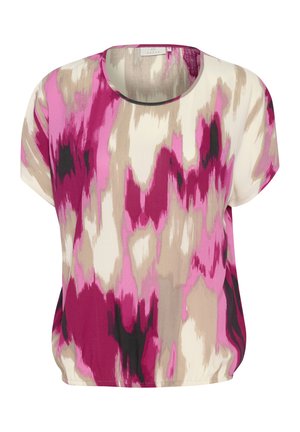 Izgatavots šortam piedurkņu tops krēmkrāsā, ar abstraktiem rakstiem rozā, melnā un bēšā tonī; brīva piegriezuma arapa kakla deisigs.