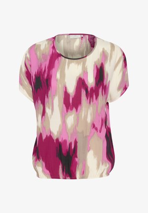 T-shirt à manches courtes imprimé en crème, présentant des motifs abstraits dans des tons de rose, noir et beige ; coupe décontractée avec un col rond.