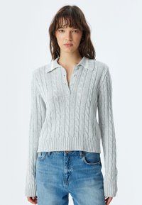 Maglione lavorato a maglia grigio chiaro con motivo a trecce, colletto e vestibilità corta. Le maniche lunghe presentano polsini e orlo a coste.