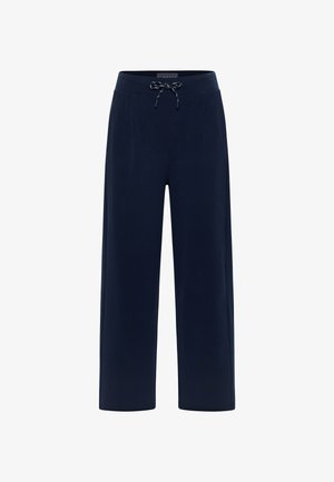 Navyblaue weit geschnittene Hose aus weichem Material, mit einem Kordelzugbund und zwei Seitentaschen. Glatte Textur, keine Muster.