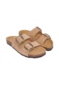 Sandalias de ante beige con dos correas ajustables, hebillas metálicas y una plantilla de corcho contorneada. Suela de goma texturizada para un mejor agarre.