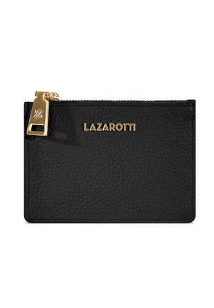 Portafoglio in pelle nera con superficie testurizzata, zip dorata e logo "LAZAROTTI" impresso. Forma rettangolare compatta.