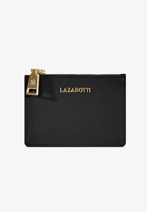 Zwarte leren kaarthouder met gestructureerd oppervlak, gouden ritstrekkertje en geëmbossiseerd "LAZAROTTI" logo. Compact rechthoekige vorm.