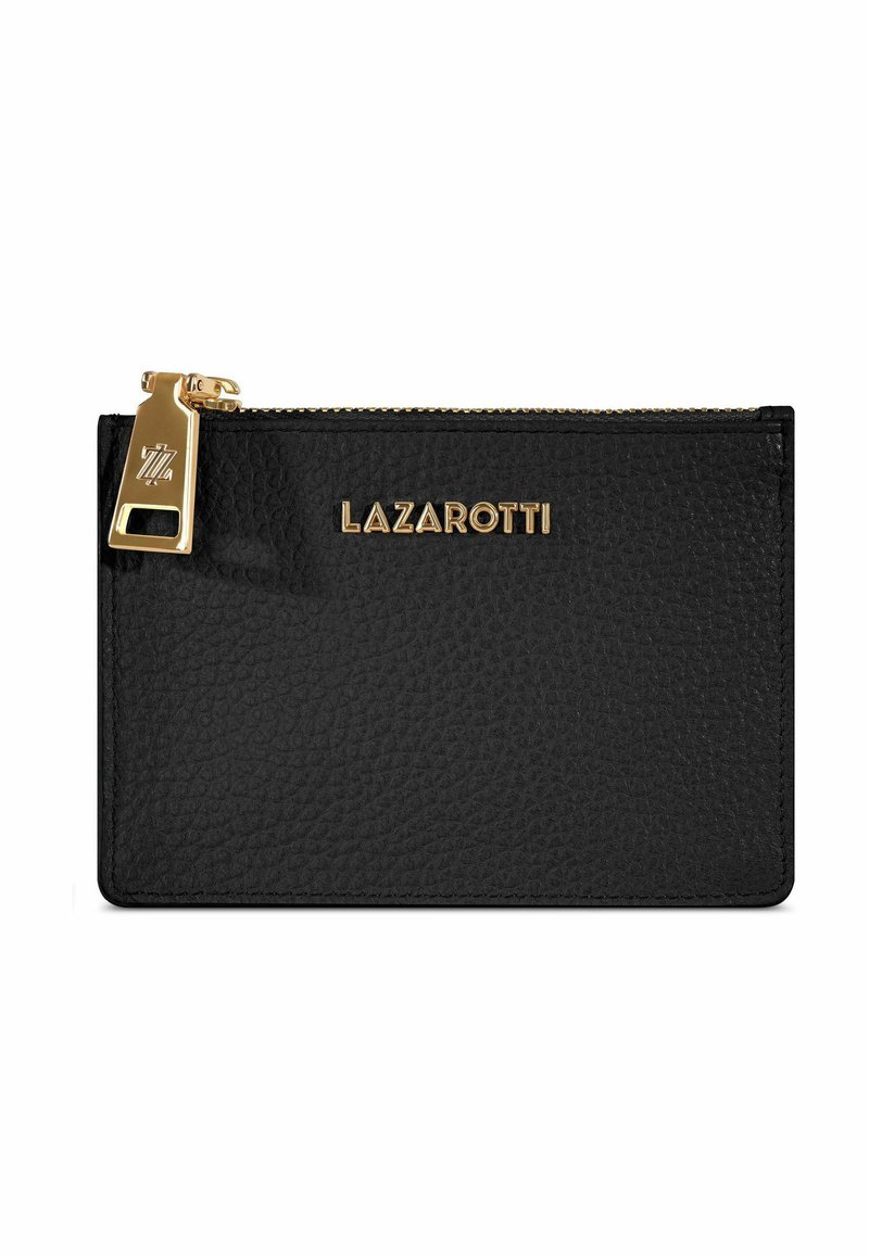 Portafoglio in pelle nera con superficie testurizzata, zip dorata e logo "LAZAROTTI" impresso. Forma rettangolare compatta.
