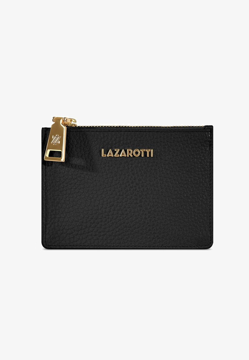 Zwarte leren kaarthouder met gestructureerd oppervlak, gouden ritstrekkertje en geëmbossiseerd "LAZAROTTI" logo. Compact rechthoekige vorm.