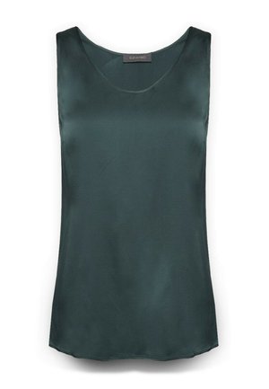 Top senza maniche in satin verde scuro con scollo rotondo e una texture liscia, caratterizzato da un orlo leggermente arrotondato e senza hardware visibile.