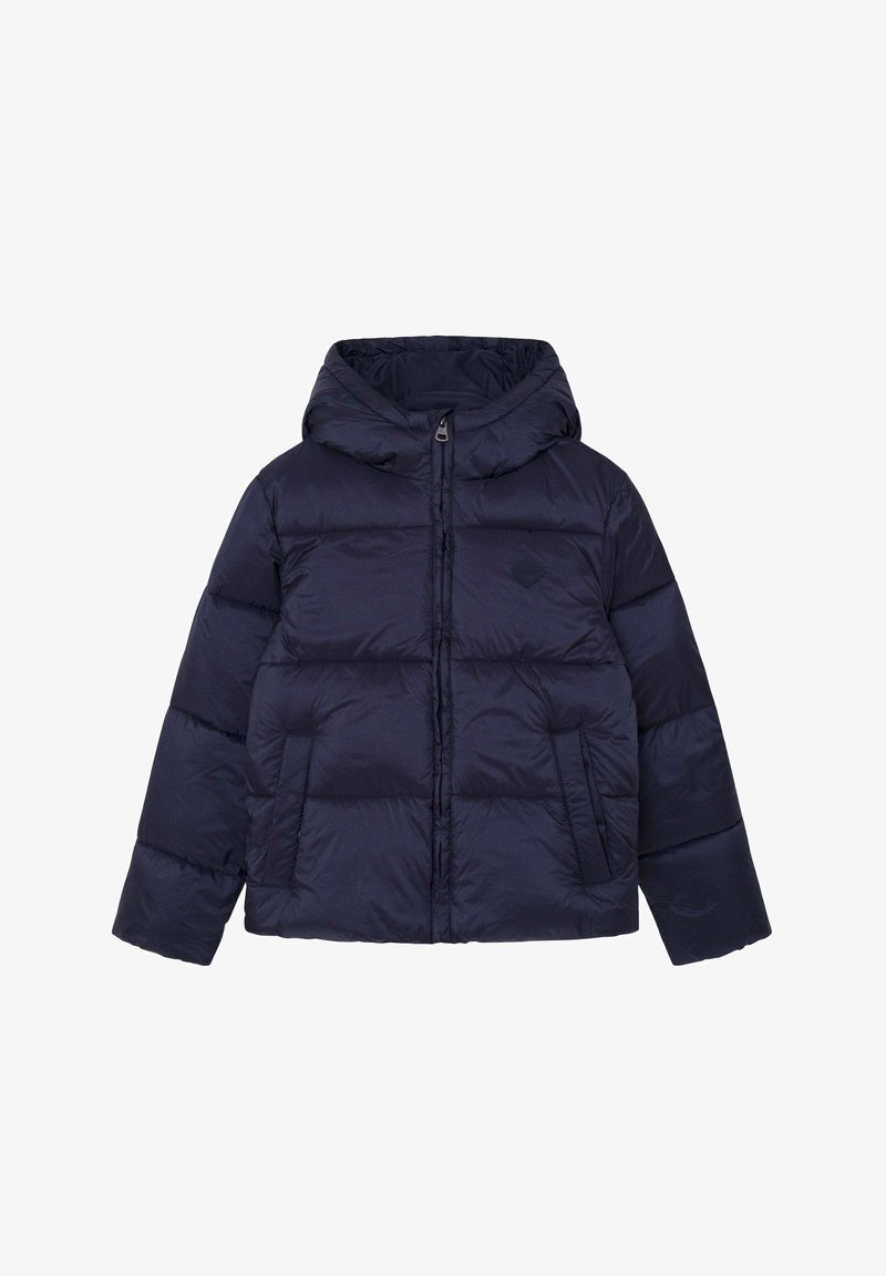Veste matelassée bleu marine avec capuche, dotée de piqûres horizontales et d'une fermeture éclair à l'avant, idéale pour le temps froid.