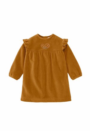 Braunes Cord-Kleid mit langen Ärmeln für Kleinkinder, mit Volantdetails an den Schultern und kleinen gestickten Blumen auf der Brust.