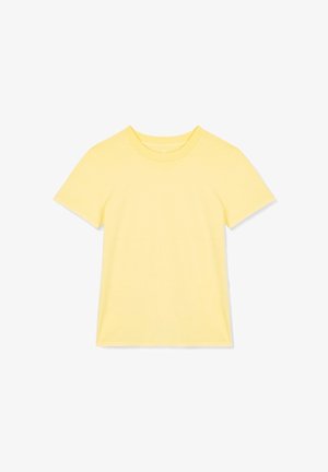 T-shirt jaune à manches courtes avec un col rond. Fabriquée en tissu doux, elle présente une texture lisse et un design uni sans motifs.