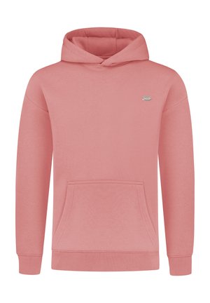 Lichtroze hoodie van zachte stof, met een voorzak, ribgebreide manchetten en een klein logo op de borst.