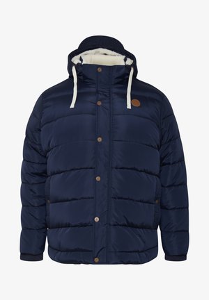 Tumedate sinine täispuhutav jakk kunstkarusnahaga voodriga kapuutsiga, millel on nööbid ees, küljetaskud ja soonikkoes mansetid. Sile ja läikiv tekstuur.