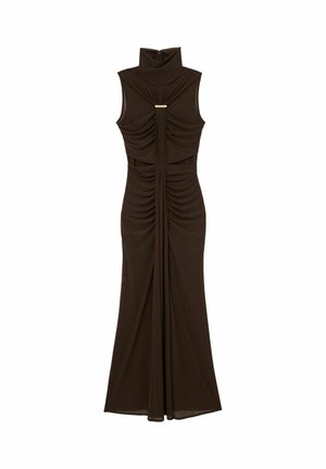 Sleeveless dark brown high-neck maxi dress with ruching and a vertical gold bar detail at the chest, featuring a fitted silhouette.