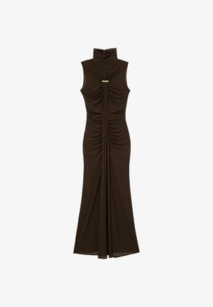 Sleeveless dark brown high-neck maxi dress with ruching and a vertical gold bar detail at the chest, featuring a fitted silhouette.