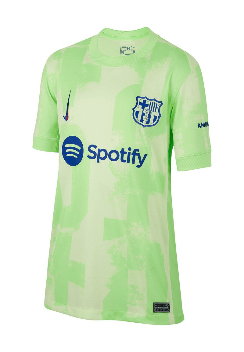 Hellgrünes Fußballtrikot mit strukturiertem Muster, versehen mit dem FC Barcelona-Logo, "Spotify"-Branding und einem soliden Rundhalsausschnitt.
