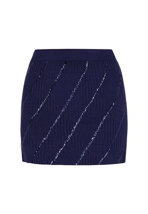Tmavě modrá pletená minisukně s texturovaným diamantovým vzorem a vertikálními lesklými pruhy. Elastický pas pro pohodlí.