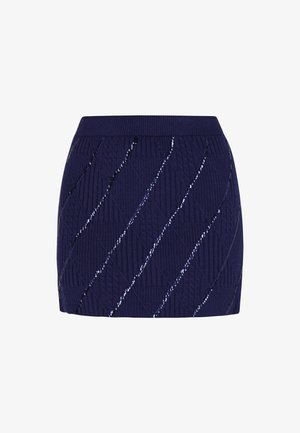 Tmavě modrá pletená minisukně s texturovaným diamantovým vzorem a vertikálními lesklými pruhy. Elastický pas pro pohodlí.