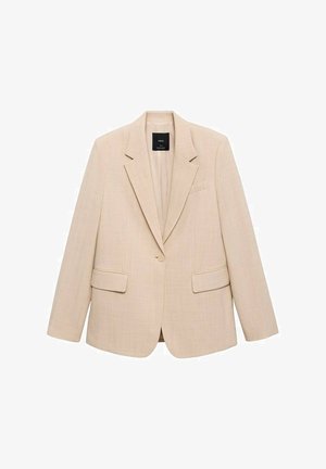 Beige Blazer aus strukturiertem Stoff, mit einem einzelnen Knopfverschluss, Reverskragen und zwei vorderen Taschen. Einfaches, maßgeschneidertes Design.